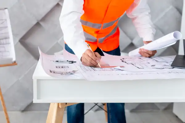 Inginer Dromcons analizând planuri de drumuri și poduri